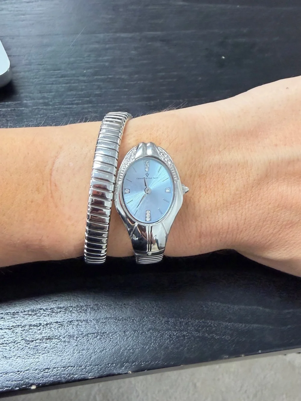 Silver Women's Snake Watch Analog Wristwatch with Light Blue Dial